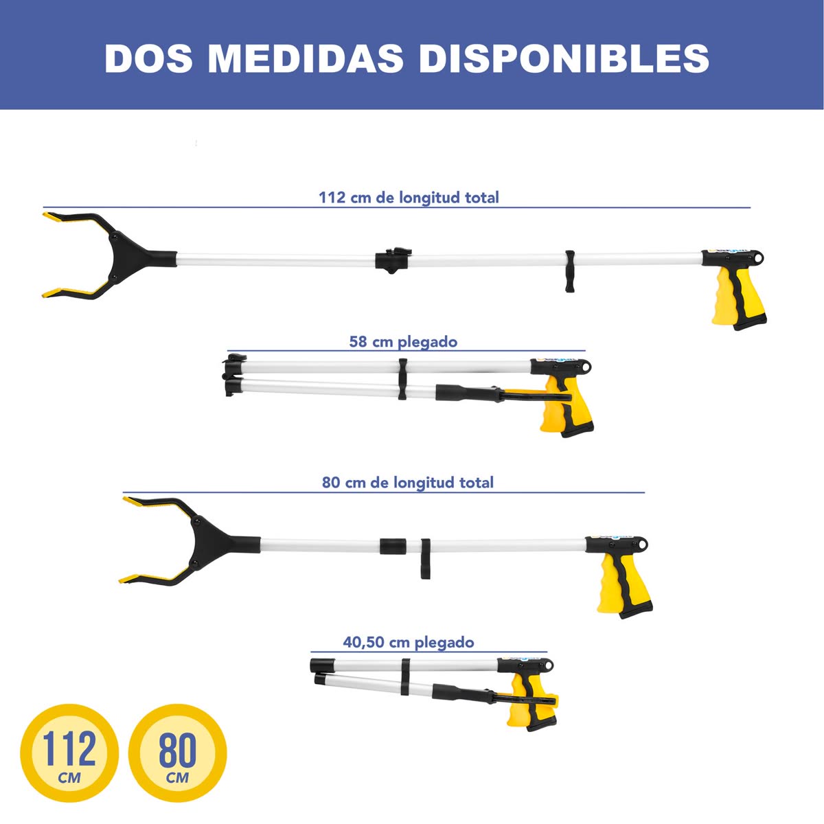 Esquema de las dos medidas Deaguit: la de 112 cm se pliega a 58 cm y la de 80 cm se pliega a 40,50 cm.